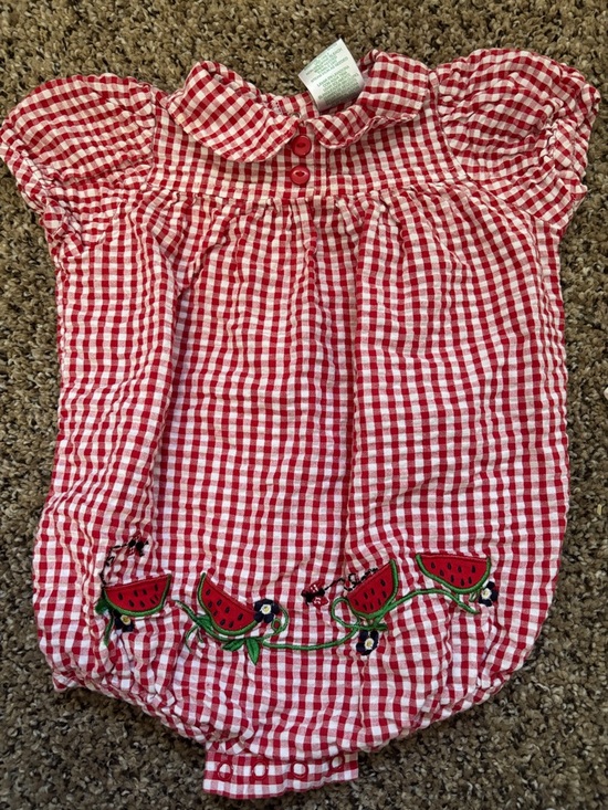 okie dokie Other - Vintage Baby Okie-dokie Gingham Baby Romper with Watermelon Embroidery